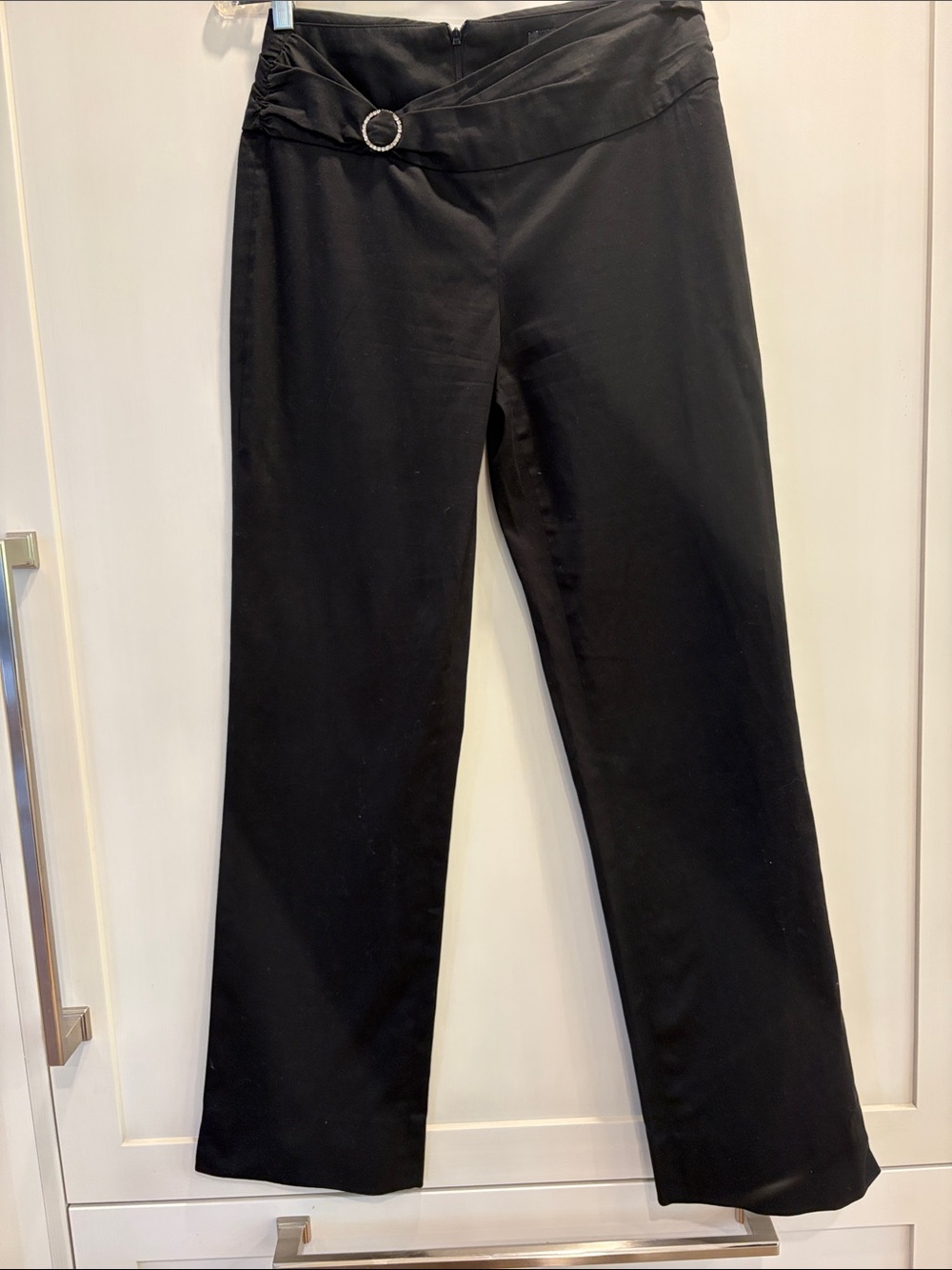 Versus by Versace Black Wide-Leg Dress Pants with rhinestone Ring Front Detail
